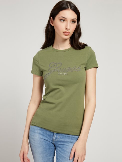 Tee Shirt Guess Logo Strass Vert
