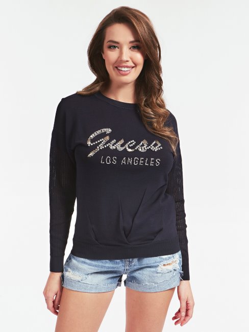 Pull En Viscose Mélangée Logo Devant Guess Bleu Foncé