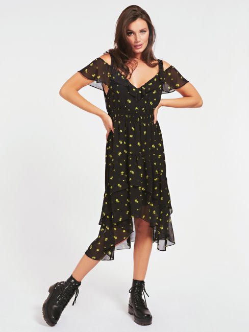Robe Smockée à Volants Guess Noir Multi