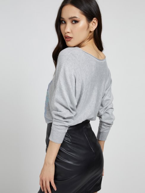 Guess Gris Pull Logo Multi Strass