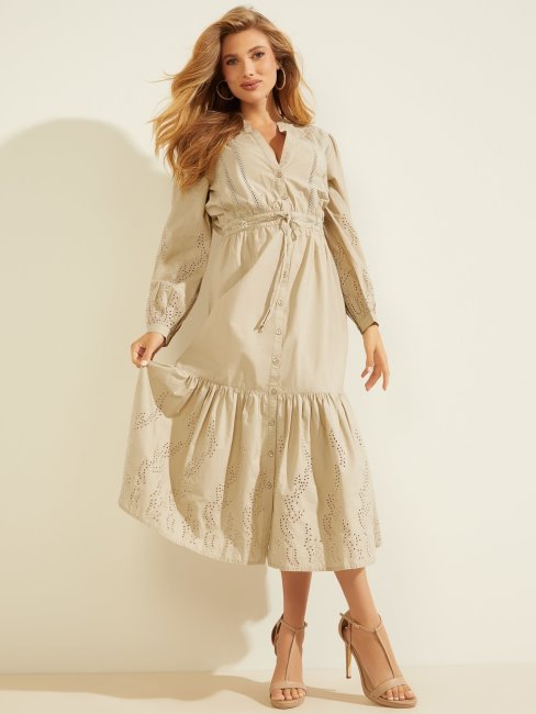 Robe Longue En Coton Brodé Guess Beige