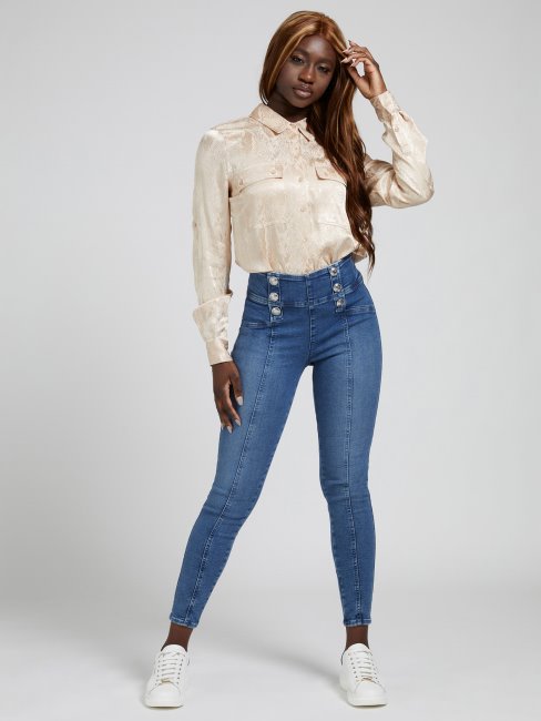 Chemise En Satin Jacquard Beige Guess