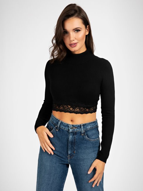 Guess Col Roulé Détails Dentelle Pull Noir