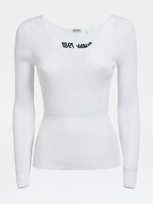 Pull Blanc En Viscose Mélangée à Côtes Guess