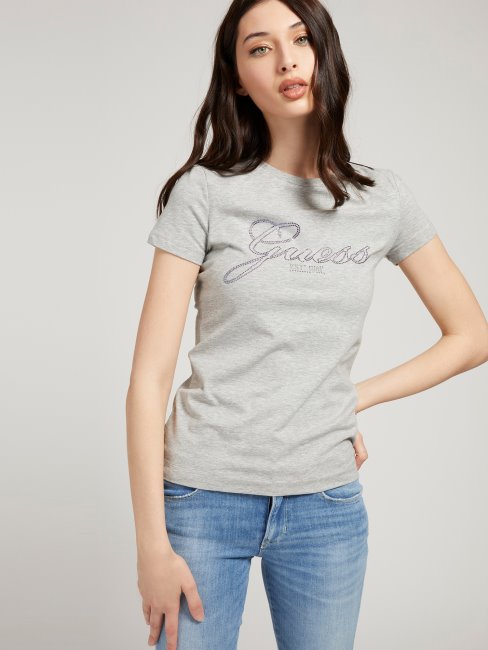 Tee Shirt Guess Gris Multi Logo Strass