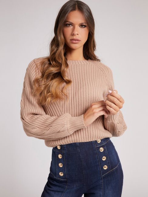 Pull Beige En Laine Mélangée à Côtes Guess