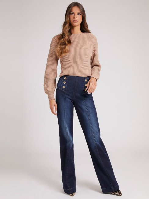 Pull Beige En Laine Mélangée à Côtes Guess