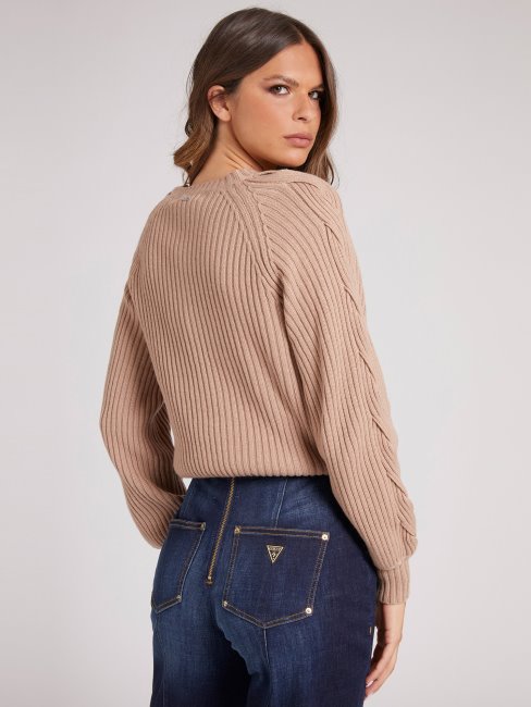 Pull Beige En Laine Mélangée à Côtes Guess