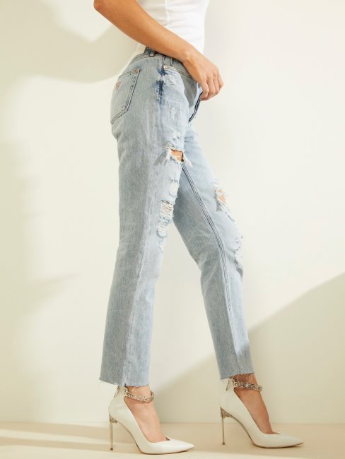 Pantalon Denim Coupe Relax Abrasions Bleu Guess