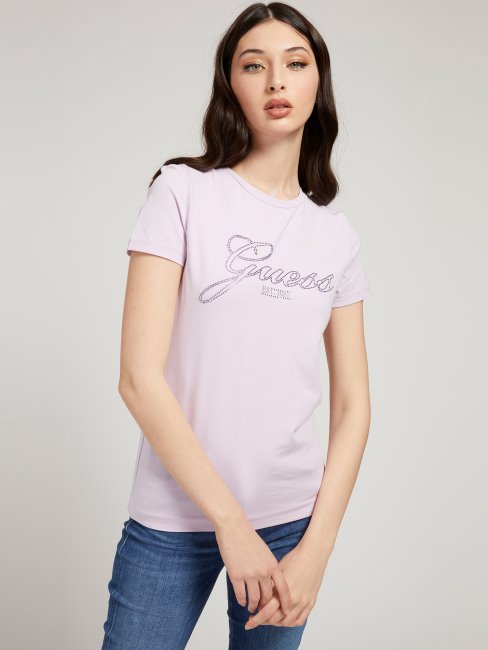 Tee Shirt Guess Lilas Logo Strass