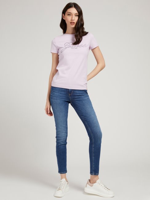 Tee Shirt Guess Lilas Logo Strass
