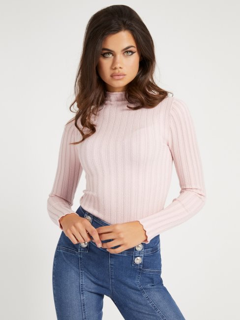Pull Guess Rose à Col Roulé En Viscose Mélangée