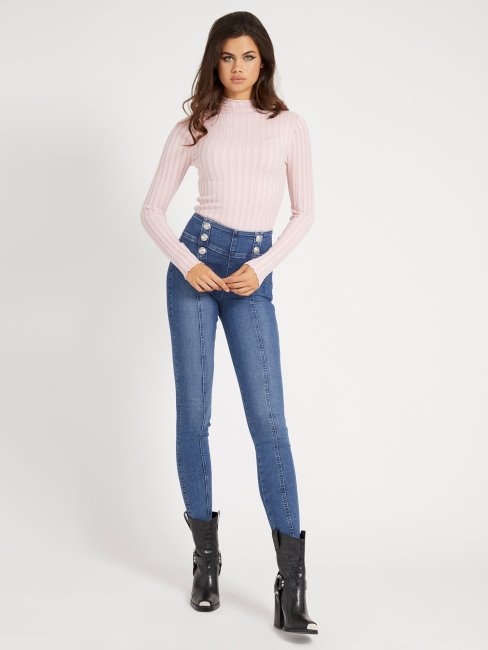 Pull Guess Rose à Col Roulé En Viscose Mélangée