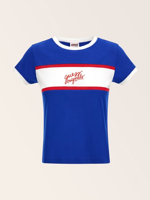 Tee Shirt Guess Bleu Avec Logo Sur Le Devant