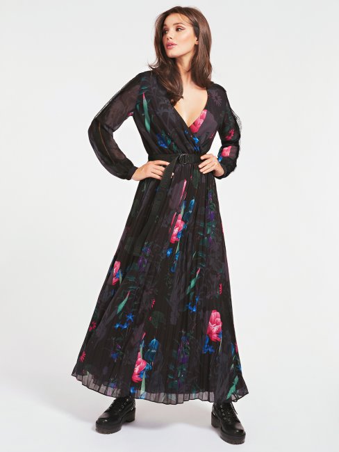 Robe Plissée Noire Multi Ceinturée Guess
