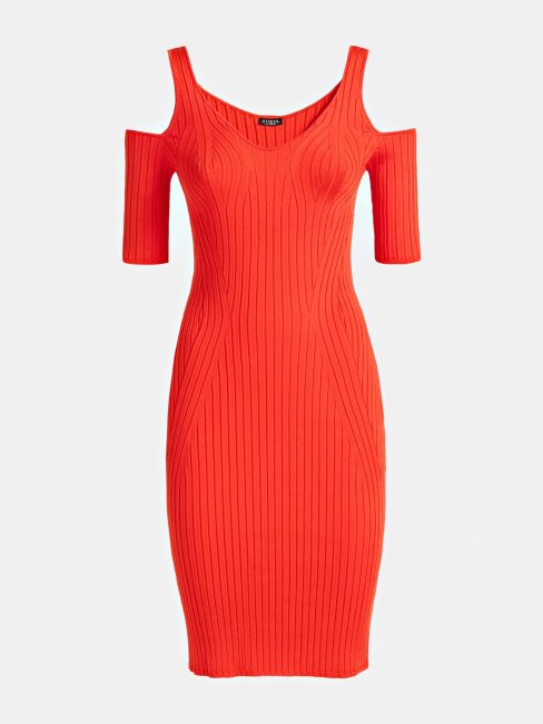 Robe Guess Rouge Côtelée à Manches Découpées
