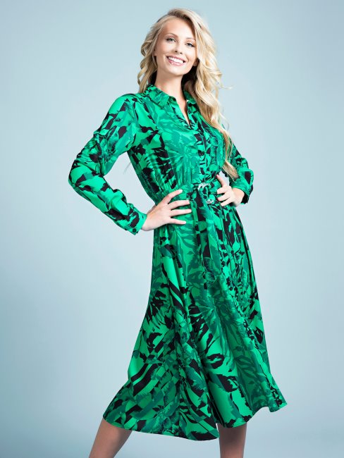 Guess - Robe Ceinturée Verte à Imprimés Multiples Sur L'ensemble