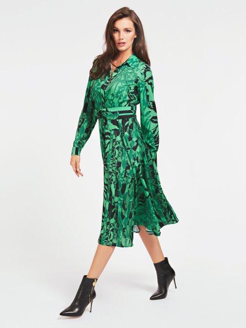 Guess - Robe Ceinturée Verte à Imprimés Multiples Sur L'ensemble