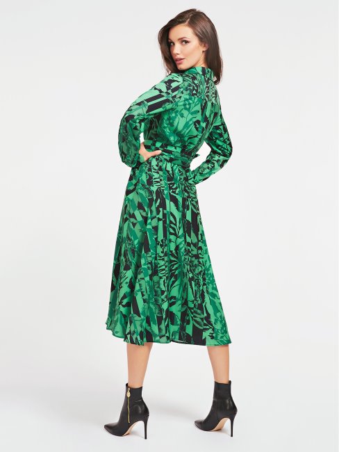 Guess - Robe Ceinturée Verte à Imprimés Multiples Sur L'ensemble