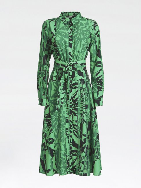 Guess - Robe Ceinturée Verte à Imprimés Multiples Sur L'ensemble