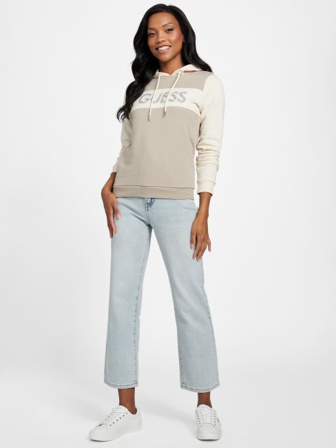 Albie Crushed Stone Logo Sweat à Capuche Velours Taupe Multi Guess