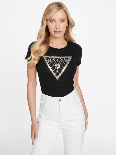 Tee Shirt Noir De Jais Avec Logo En Maille Strassée Guess