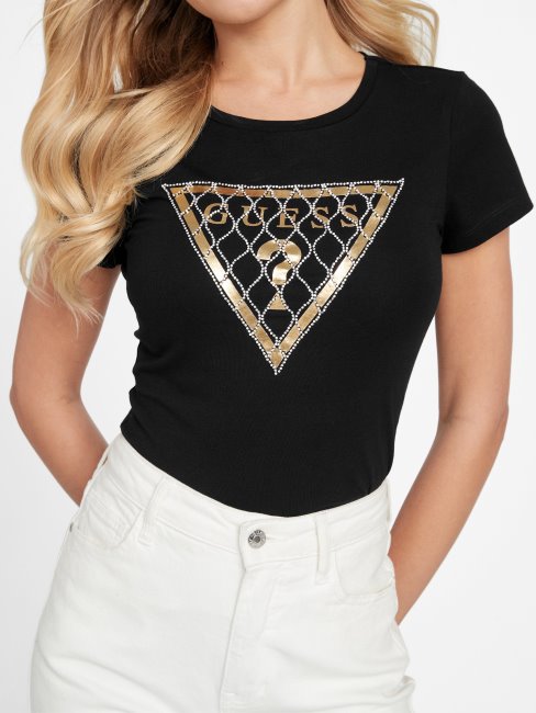 Tee Shirt Noir De Jais Avec Logo En Maille Strassée Guess