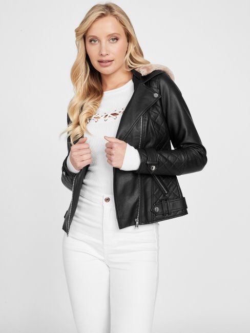 Guess Veste De Moto En Similicuir à Capuche Noir Jet Baker