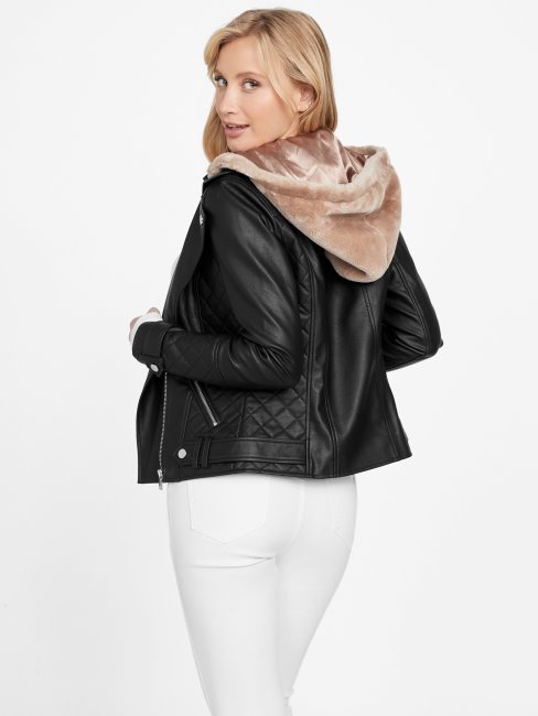 Guess Veste De Moto En Similicuir à Capuche Noir Jet Baker