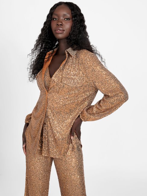 Guess Chemise Boutonnée à Sequins Sabine Feuille Marron