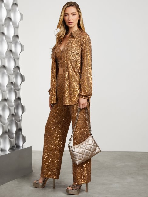 Guess Chemise Boutonnée à Sequins Sabine Feuille Marron