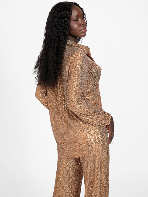 Guess Chemise Boutonnée à Sequins Sabine Feuille Marron