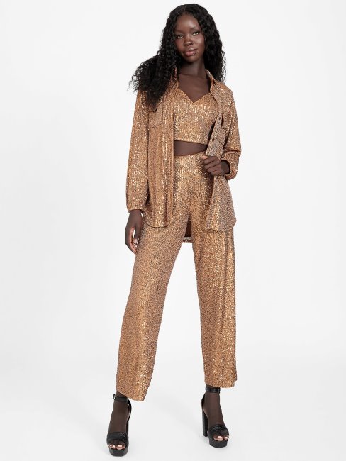 Guess Chemise Boutonnée à Sequins Sabine Feuille Marron