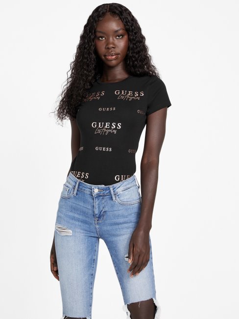Tee Shirt Guess Eco Catae Logo Strass Jet Noir