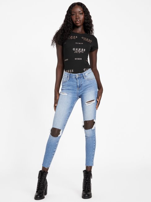 Tee Shirt Guess Eco Catae Logo Strass Jet Noir