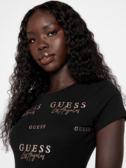 Tee Shirt Guess Eco Catae Logo Strass Jet Noir