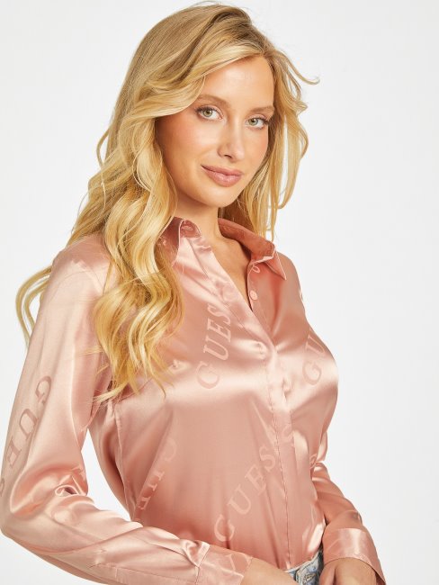 Guess Chemise En Satin Pêche Rose Galina Logo