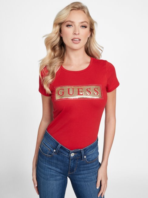 Tee Shirt Sequins Acier Et Strass Guess Rouge Rugby