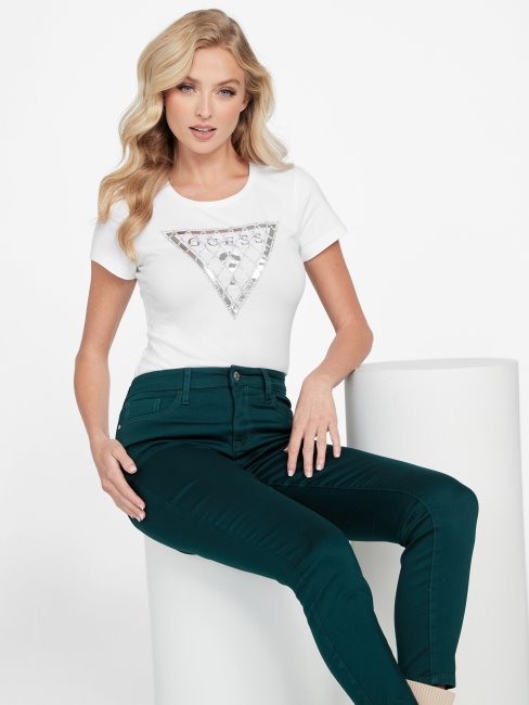 T-shirt Guess Blanc Pur Avec Logo En Maille à Strass