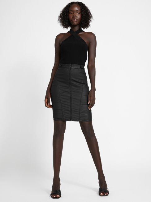 Jupe En Jean Noir Enduit Adeline Zip Guess