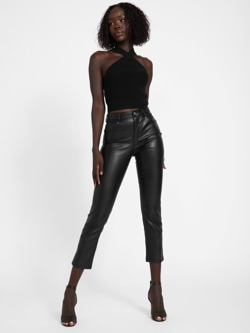 Guess Pantalon Viri En Similicuir Noir De Jais