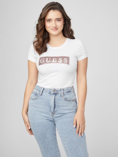 T-shirt à Sequins Acier Et Strass Guess Blanc Pur