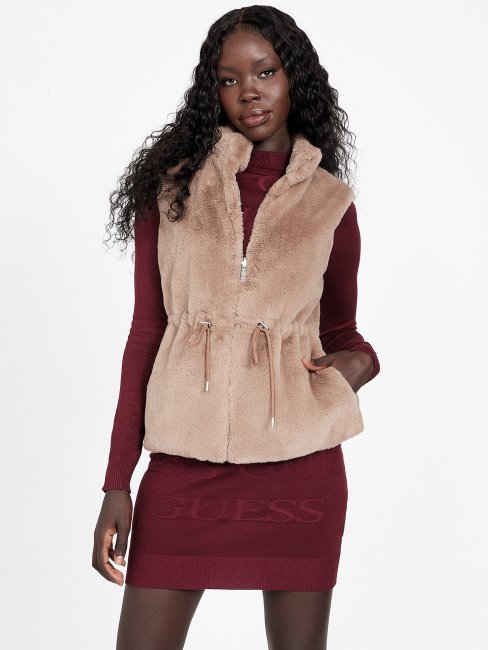 Guess Arleen Gilet Réversible En Fausse Fourrure Velours Taupe