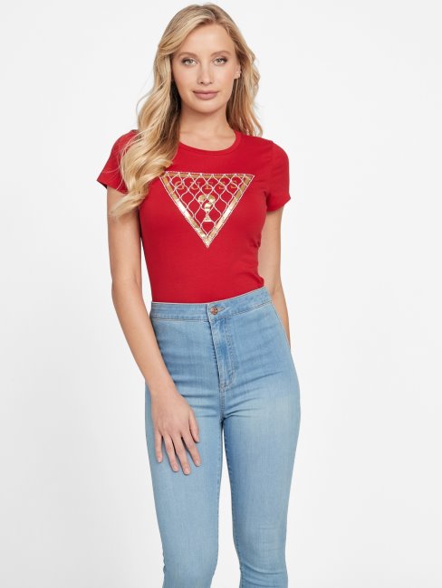 Tee Shirt Logo Maille Strass Guess Rugby Rouge