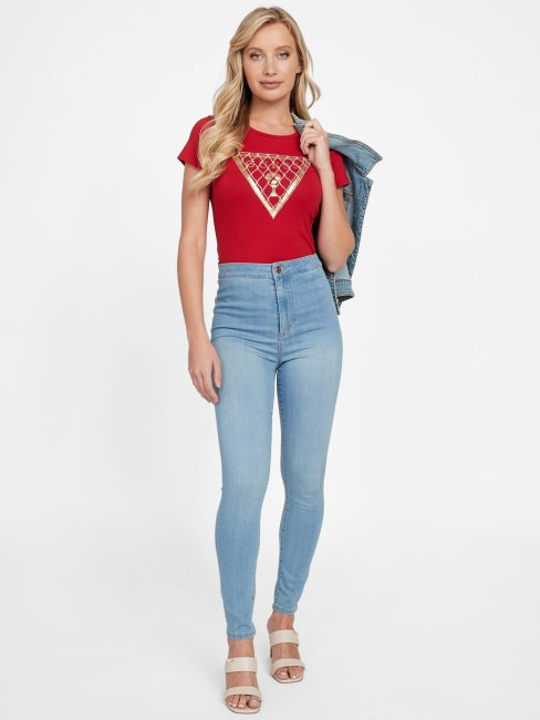 Tee Shirt Logo Maille Strass Guess Rugby Rouge