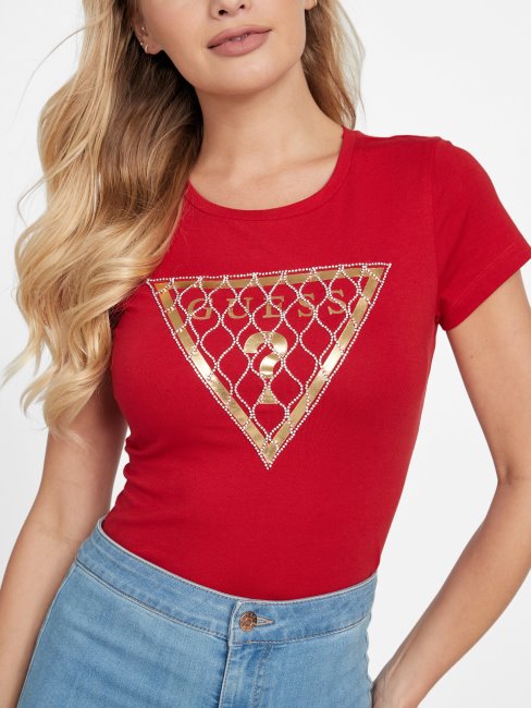 Tee Shirt Logo Maille Strass Guess Rugby Rouge