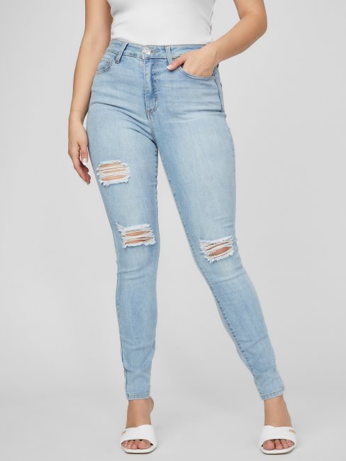Jean Skinny Eco Simmone Taille Haute Délavage Destroy Clair Guess