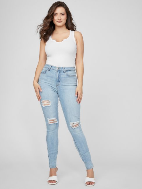 Jean Skinny Eco Simmone Taille Haute Délavage Destroy Clair Guess