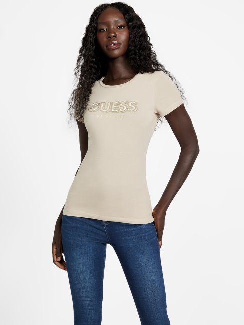 T-shirt Guess Velours Taupe Eco Fran Logo Perle