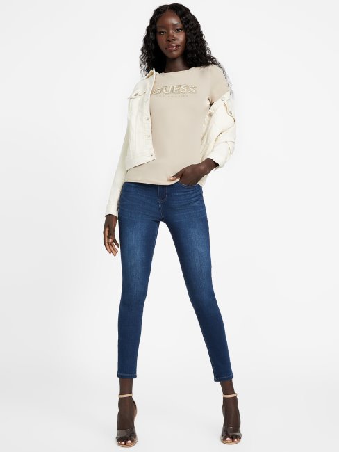 T-shirt Guess Velours Taupe Eco Fran Logo Perle